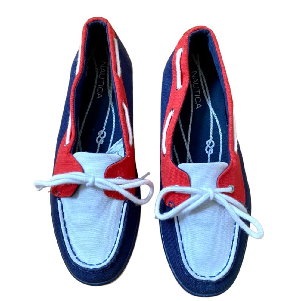 Nautica Red White Navy Canvas Boat Deck Shoes Sneakers Sz 8